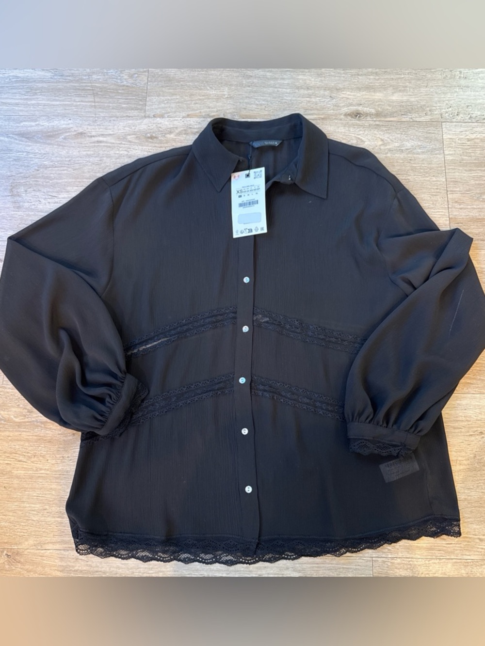 NWT Zara Black Sheer Lace Detail Button Front Women's Blouse Small